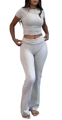 AYWA Womens 2 Piece Lounge Sets Short Sleeve Crop Top Foldover Flare Pants Casual Pajama Outfits