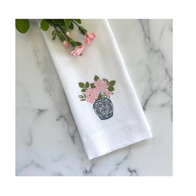 Chinoiserie Jar with Roses Linen Towel
