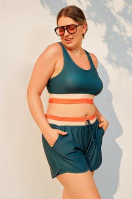 Teal Colorblock Zipper Back Sporty Plus Size Bikini Top with Boy Short Set