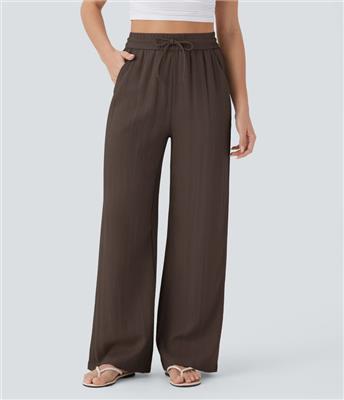 Women’s High Waisted Drawstring Pocket Wide Leg Baggy Casual Linen-Feel Pants - Halara