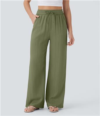 Women’s High Waisted Drawstring Pocket Wide Leg Baggy Casual Linen-Feel Pants - Halara