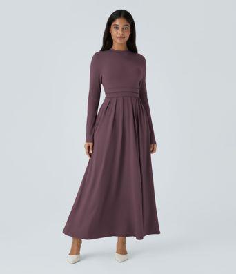 Women’s Mock-neck Long Sleeve Pocket Flare Maxi Casual Dress - Halara