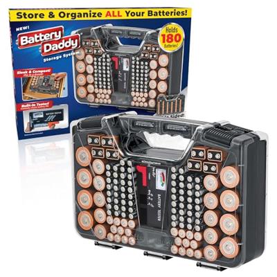 Battery Daddy Storage & Organizer Case w/Tester, Stores & Protects Up to 180 Batteries, Double-Sided, Clear Locking Lid, Secure Latches & Portable Car