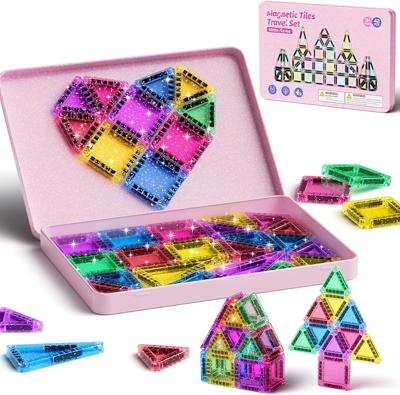 Travel Magnetic Tiles Glitter Construction Set 42pcs Travel Toys for Kids MINI Magnet Tiles with Iron Box Base, Magnetic Building Blocks Stem Toy Gift