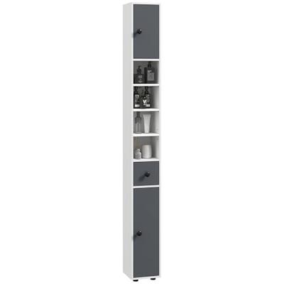 kleankin 180cm Tall Bathroom Cabinet, Slim Bathroom Storage Cabinet with 4 Open Shelves, 2 Door Cupboards and Adjustable Shelves, White and Grey
