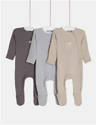 3pk Cotton Rich Striped & Plain Sleepsuits (0-3 Yrs) | M&S Collection | M&S