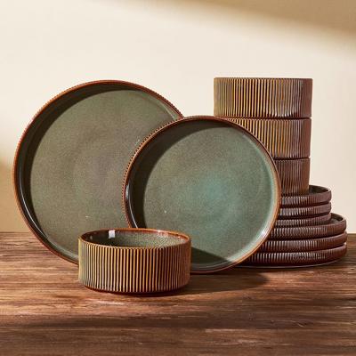 Amazon.com | Famiware Premium Stoneware Dinnerware Set for 4, Green Brown Reactive Glaze | 12 pcs Ceramic Plates and Bowls, Handmade Ribbed Dishes, Ev