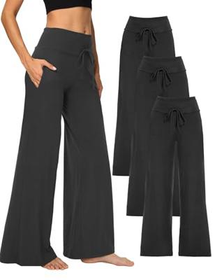 Showitty 3 Pack Womens Wide Leg Pants with Pockets, Casual Loose Pajama Palazzo Trousers Sweatpants for Yoga Lounge