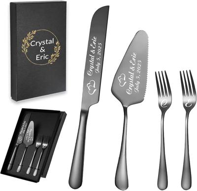 Amazon.com | Personalized Wedding Cake Knife and Server Set, Custom Names Cake Cutting Set with Stainless Steel Forks, Customized Bridal Anniversary B