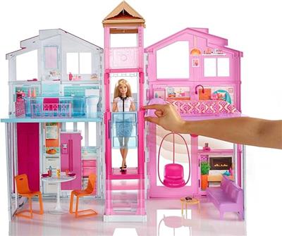 Amazon.com: Barbie 3-Story Townhouse Dollhouse with Elevator, Swing Chair, Furniture and Accessories, Fold for Portability and Travel (Amazon Exclusiv
