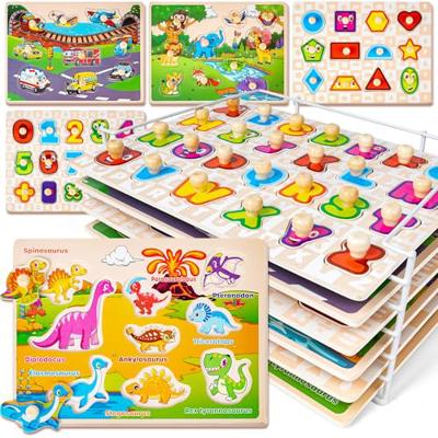 SYNARRY Wooden Puzzles for Toddlers 1-3, 6XSET Puzzles for Toddlers 2-4 with Rack, Learning Alphabet Number Animal Dinosaur Vehicle for Kids, Educatio