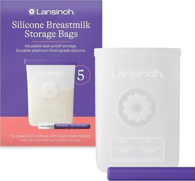 Lansinoh Silicone Breast Milk Storage Bag Leak-Proof with Wide Opening, Double Seal - 5 Pack 240 ml - Reusable Milk Storage Bags for Fridge/Freezer -