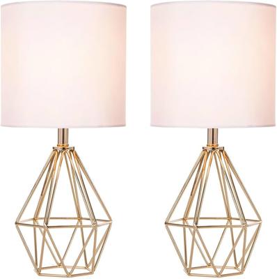 COTULIN Gold Modern Hollow Out Base Bedroom Small Table Lamp,Bedside Nightstand Lamp with Geometric Metal Base White Fabric Shade,Cute Desk Lamp for K