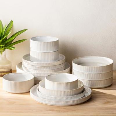 TheTerra Ceramic Dinnerware Sets with Pasta Bowls for 4, 16 Pieces Porcelain Lightweight Plates and Bowls Sets, Scratch Resistant Dish Set, Oven & Mic