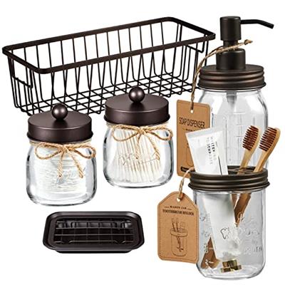SheeChung 6Pcs Mason Jars Bathroom Accessories Set Complete - Toothbrush Holder, Lotion Soap Dispenser, 2 Mason Jars, Soap Dish, Toilet Paper Basket,