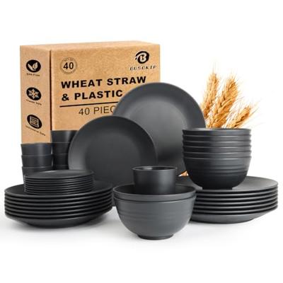 BUSOKIP Wheat Straw Dinnerware Sets 40 PCS- Unbreakable Dishes Set for 8, Dishwasher and Microwave Safe Plates and Bowls Sets, Reusable Plastic Plates