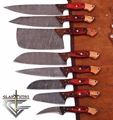 GladiatorsGuild G29RD- Professional Kitchen Knives Custom Made Damascus Steel 8 pcs of Utility Chef Knife Set with Chopper/Cleaver Pocket Case Roll Ba