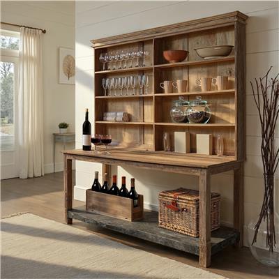 Reclaimed 2-Piece Wood & Metal Hutch with 4 Divided Shelves (Top sits or hangs)