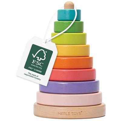 Merle Toys® Wooden Stacking Rings – 100% FSC-Certified Rainbow Stacker Toy with 8 Safe, Rounded Rings, Montessori Wooden Stacking Toys for 1 Year Old