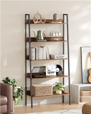 Borough Wharf Ladder Shelf, 5-Tier Narrow Shelf, Bookshelf For Home Office, Living Room, Bedroom, Kitchen, Industrial, Rustic Brown And Ink Black & Re