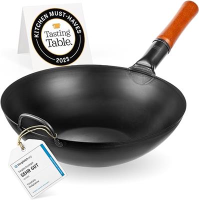 YOSUKATA Carbon Steel Woks and Stir Fry Pans 34 cm - Traditional Chinese Japanese Wok with Flat Bottom - Compatible with Induction, Electric, Ceramic,