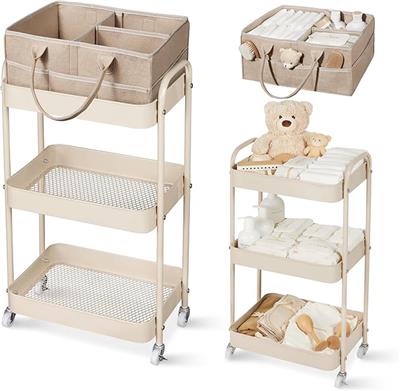 Fortella Nappy Caddy Organizer, 3-Tier Storage Trolley on Wheels, Bedroom Storage Baby Essentials for Newborn Nursery Changing Table, Easy Assembly, P