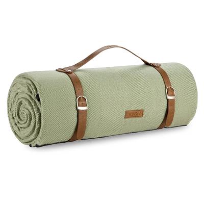 VonShef Picnic Blanket, Green Herringbone Extra Large Outdoor Rug with Waterproof Backing, 10 Person Weatherproof Picnic Mat with Faux Leather Handle,