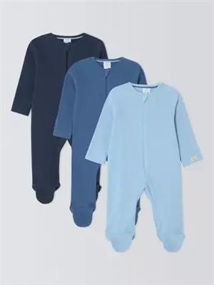 John Lewis Baby Cotton Two Way Zip Ribbed Cotton Sleepsuit, Pack of 3, Blue, Newborn