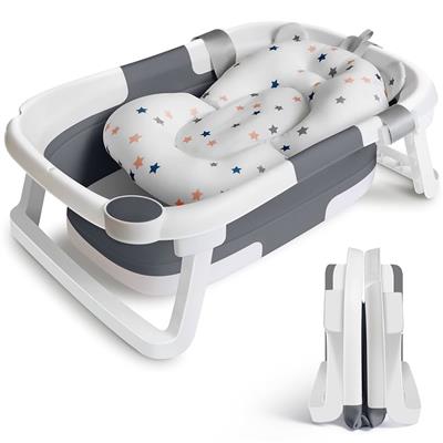 Baby Bath Tub Foldable Bathtub, Collapsible Toddler Bath Tubs with Baths Support Cushion Pad Seat Mat, Anti-Slip Portable Travel Shower Bathing Basin