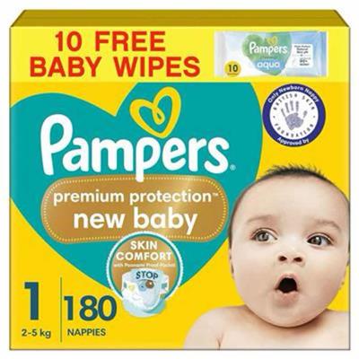 Pampers Premium Protection New Baby Size 1, 180 Nappies, 2kg-5kg, Monthly Pack + Pampers Harmonie Aqua Baby Wipes 1 pack of 10 Wipes : Amazon.co.uk: B