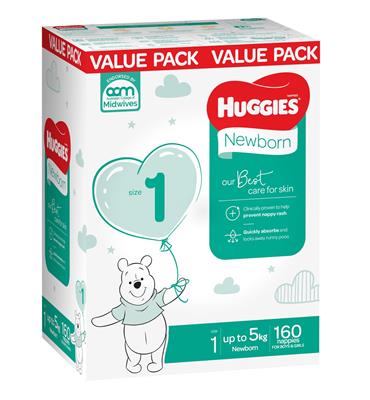 Huggies Nappies Mega Newborn Size 1 - 160 Pack | Baby Bunting AU