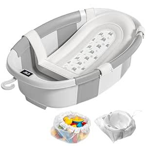 Amazon.com: Collapsible Baby Bathtub with Soft Cushion and Thermometer, Newborn to Toddler Tub 0-36 Months with Toy Storage Mesh Bag, Portable Travel