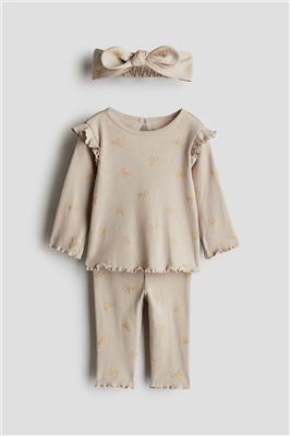 3-piece Ribbed Cotton Set - Beige/bows - Kids | H&M CA