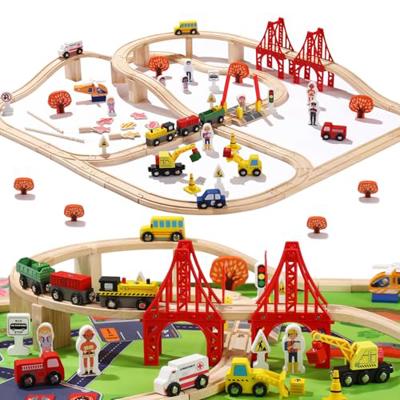 KiToyWod 100 Pcs Wooden Train Track Set, Toy Train with Tracks for Kids Ages 3-10, Compatible with Major Brands, Railway Playset for Boys and Girls Bi