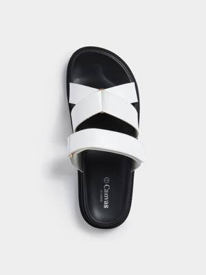 Womens Canvas Chunky Cross Straps Mule White | Bash