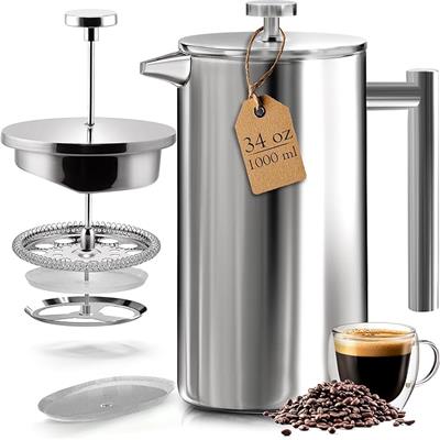 KICHLY French Press Coffee Maker, 1 Litre (8 Cups) Double Wall Stainless Steel Cafetiere, Silver – Insulated Coffee Press (Pack of 1) : Amazon.co.uk: