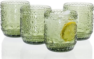 Amazon.com | Vintage Botanist Drinking Glass Set, Luxurious Floral Embossed Decorative Green Glassware, Set of 4, 4-inch, 12 oz: Tumblers & Water Glas