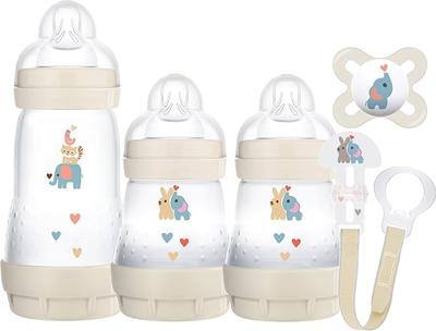 MAM Welcome to The World Set | Baby Gift Set with 3X Feeding Bottles, 0-2 Month Soother and MAM Dummy Clip | Baby Accessories for Newborn | Grey (Vari