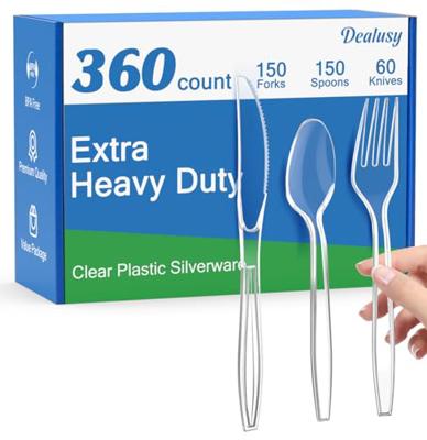 Dealusy 360 Count Extra Heavy Duty Clear Plastic Silverware, 150 Forks, 150 Spoons, 60 Knives, BPA-Free, Heat Resistant, Disposable Plastic Utensils S