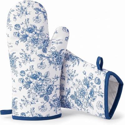 Hushee 2 Pack Blue and White Floral Oven Mitts Quilted Cotton Kitchen Mitt | 7x13 Blue Chinoiserie Toile Oven Mitt, Vintage French Country Floral, He