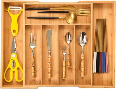 MASS DYNAMIC Cutlery Drawer Organiser, Expandable Bamboo Cutlery Tray for Kitchen Utensil, Adjustable Silverware and Flatware Holder, 7 Slots Storage