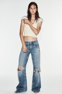 TRF MID-RISE DISTRESSED FLARE JEANS - Blue | ZARA United States