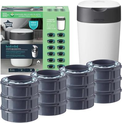 Tommee Tippee Twist and Click Nappy Bin Starter Set, White, with x1 Refill Cassette, Odour and Germ Protection, Antibacterial Film, 100% Recycled Chas