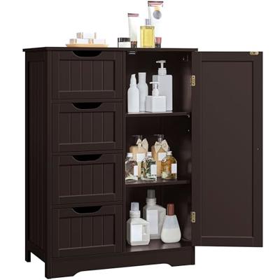 Yaheetech Large Bathroom Floor Cabinet with 4 Drawers and Single Door Cabinet, Freestanding Storage Cabinet for Living Room Kitchen Hallway, Espresso