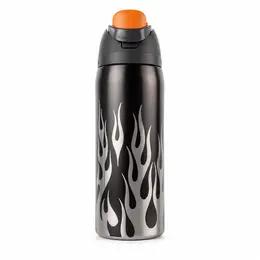 Owala 32oz Black Silver Flame Print Team Logo FreeSip Reusable Drink Bottle - Leak-Proof Vacuum Insulated Stainless Steel Drink Container, Portable St