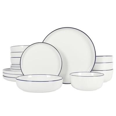 Gibson Home Oslo 16-Piece Porcelain Ceramic Chip & Scratch Resistant Dishes, Microwave & Dishwasher Safe, Plates and Bowls Dinnerware Set, White w/Blu