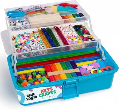 Blue Squid Arts & Crafts Box (Blue)- 2800+ pcs Deluxe Craft Supplies Box, 2 Drawers, 18 Compartments, Sturdy Handle - Art Crafting Kit Birthday Gifts