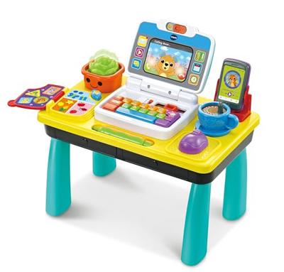 VTech Baby Big Business Baby Desk, English | Mini office desk with light-up laptop, phone, book and webcam; 3 modes teach letters and numbers. Ages 9-