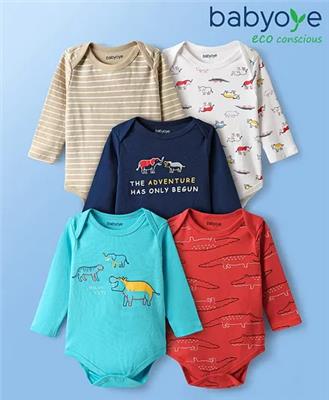 Buy Babyoye Interlock Knit Full Sleeves Striped Onesies with Animal Print Pack of 5 - Multicolor for Boys (0-3 Months) Online in India, Shop at FirstC