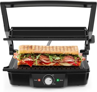 Chefman Panini Press, Indoor Grill and Gourmet Sandwich Maker, Nonstick Plates Open 180 Degrees, Floating Hinge for Thick Bread and Rolls, Stainless-S